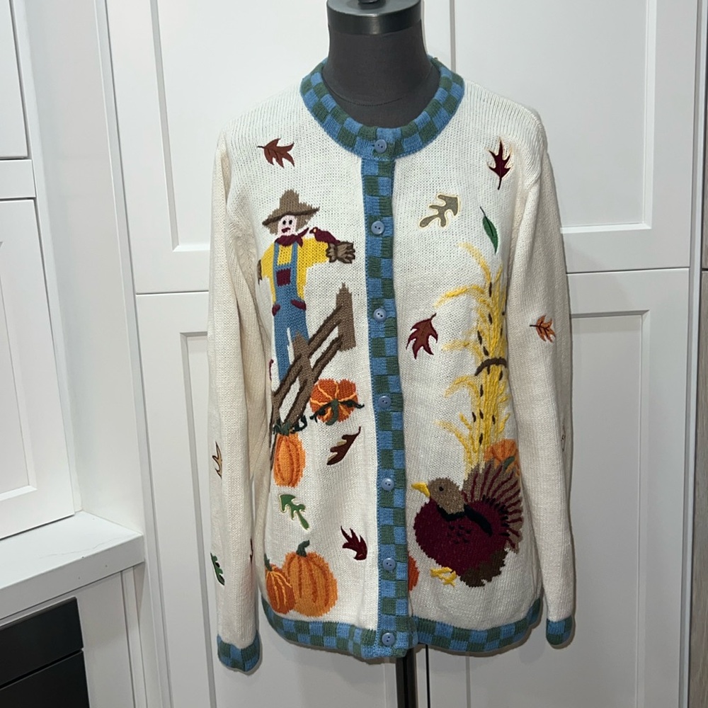 Vintage Quacker Factory Women’s Cardigan FALL sweater Thanksgiving EUC Size L